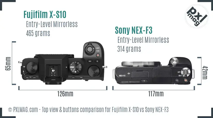 Fujifilm X-S10 vs Sony NEX-F3 top view buttons comparison