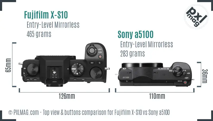 Fujifilm X-S10 vs Sony a5100 top view buttons comparison