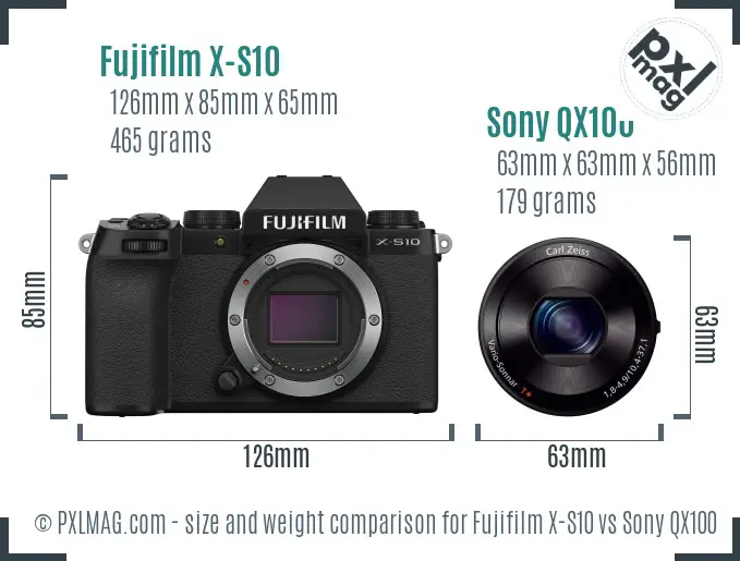 Fujifilm X-S10 vs Sony QX100 size comparison