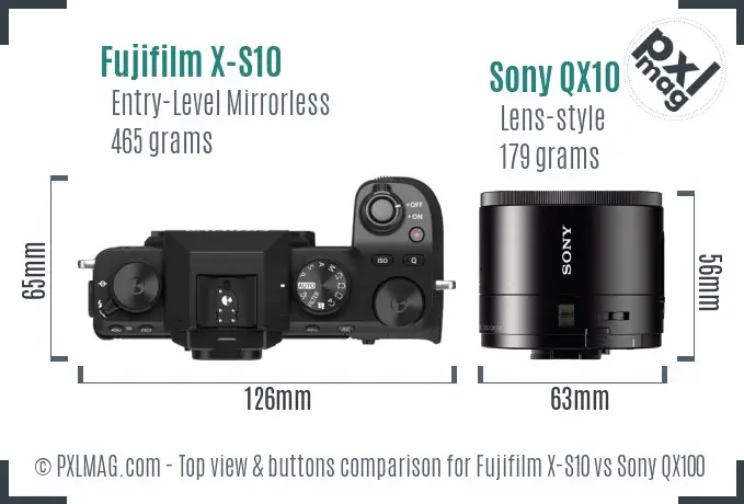 Fujifilm X-S10 vs Sony QX100 top view buttons comparison