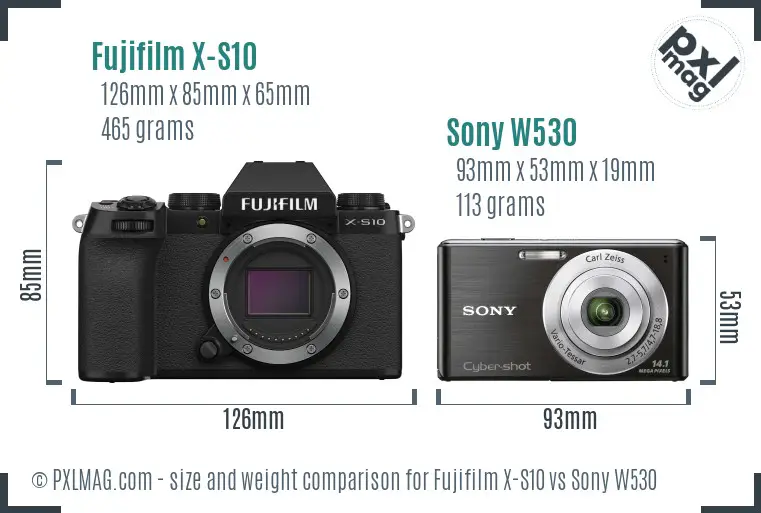 Fujifilm X-S10 vs Sony W530 size comparison
