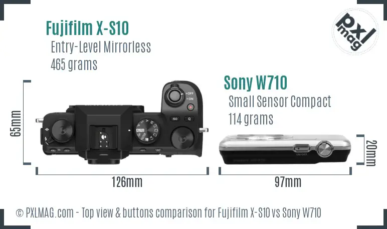 Fujifilm X-S10 vs Sony W710 top view buttons comparison