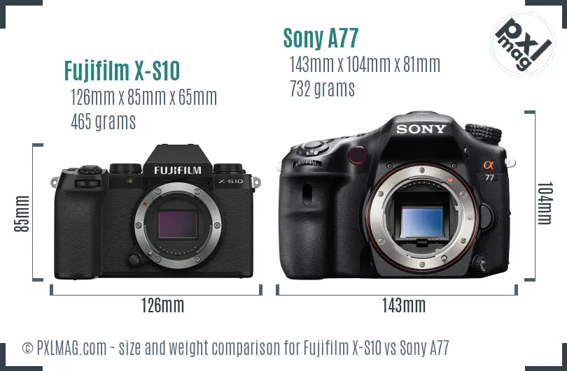 Fujifilm X-S10 vs Sony A77 size comparison