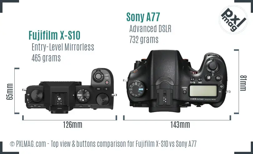 Fujifilm X-S10 vs Sony A77 top view buttons comparison
