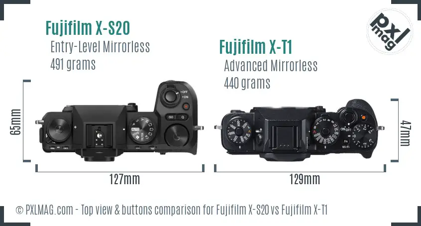 Fujifilm X-S20 vs Fujifilm X-T1 top view buttons comparison