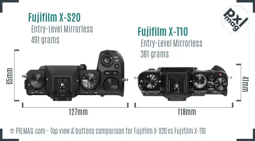 Fujifilm X-S20 vs Fujifilm X-T10 top view buttons comparison