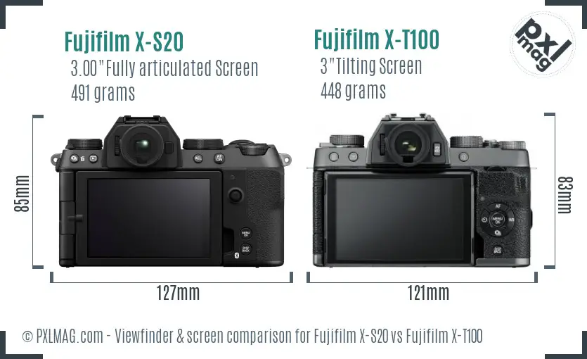 Fujifilm X-S20 vs Fujifilm X-T100 Screen and Viewfinder comparison