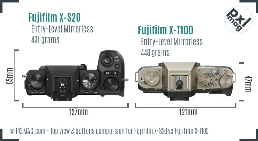 Fujifilm X-S20 vs Fujifilm X-T100 top view buttons comparison