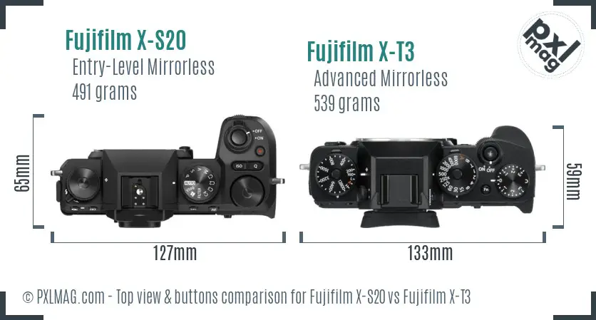 Fujifilm X-S20 vs Fujifilm X-T3 top view buttons comparison