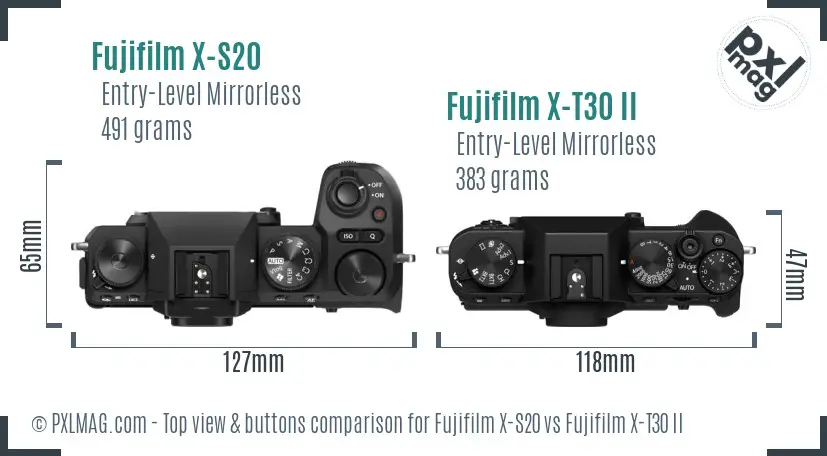 Fujifilm X-S20 vs Fujifilm X-T30 II top view buttons comparison