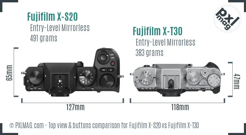 Fujifilm X-S20 vs Fujifilm X-T30 top view buttons comparison