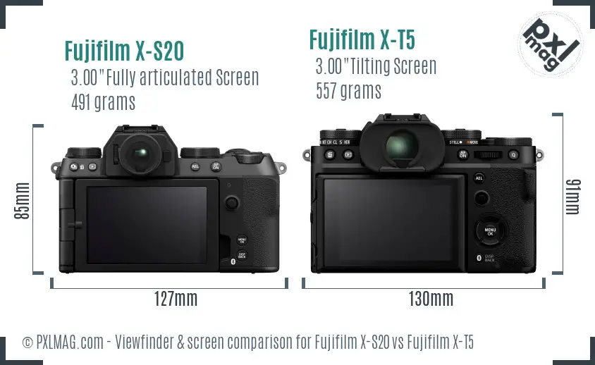 Fujifilm X-S20 vs Fujifilm X-T5 Screen and Viewfinder comparison