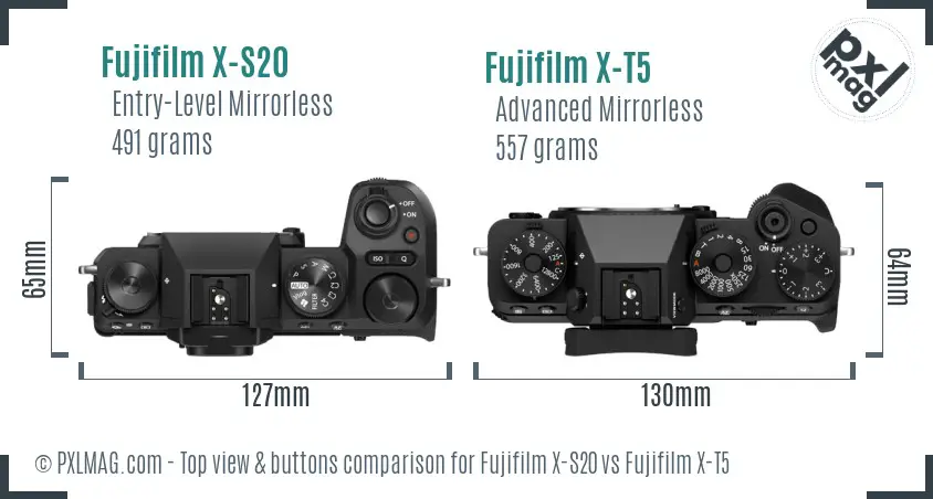 Fujifilm X-S20 vs Fujifilm X-T5 top view buttons comparison