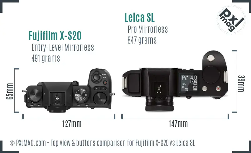 Fujifilm X-S20 vs Leica SL top view buttons comparison Fujifilm X-S20 vs Leica SL top view buttons comparison