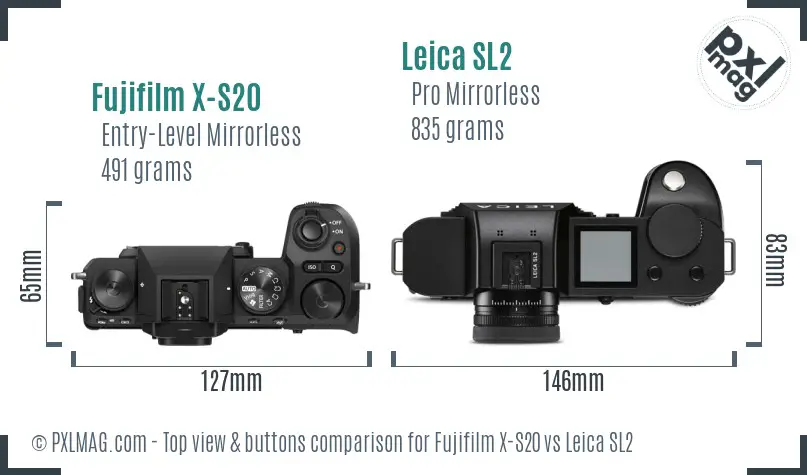 Fujifilm X-S20 vs Leica SL2 top view buttons comparison