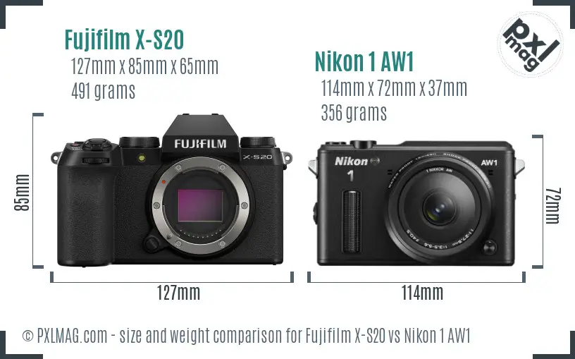 Fujifilm X-S20 vs Nikon 1 AW1 size comparison