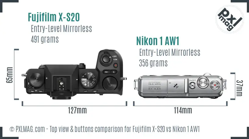Fujifilm X-S20 vs Nikon 1 AW1 top view buttons comparison