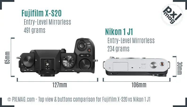 Fujifilm X-S20 vs Nikon 1 J1 top view buttons comparison