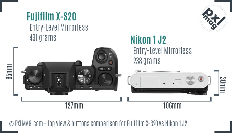 Fujifilm X-S20 vs Nikon 1 J2 top view buttons comparison