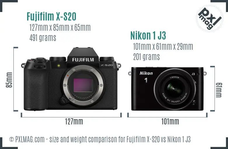 Fujifilm X-S20 vs Nikon 1 J3 size comparison