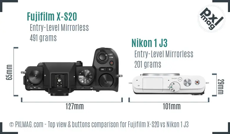Fujifilm X-S20 vs Nikon 1 J3 top view buttons comparison