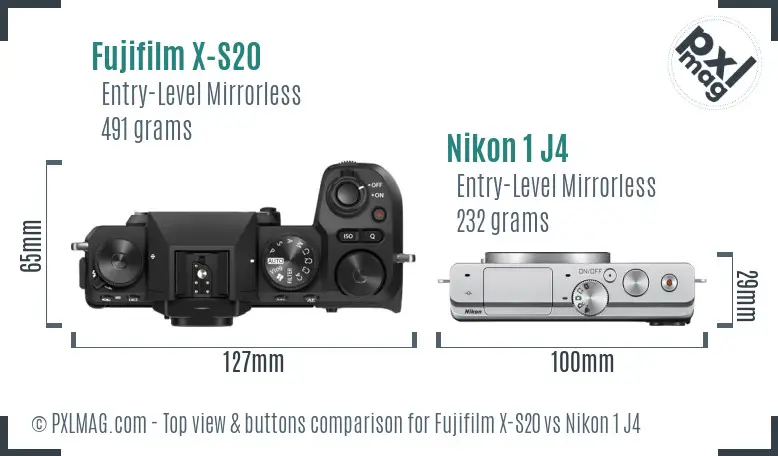 Fujifilm X-S20 vs Nikon 1 J4 top view buttons comparison