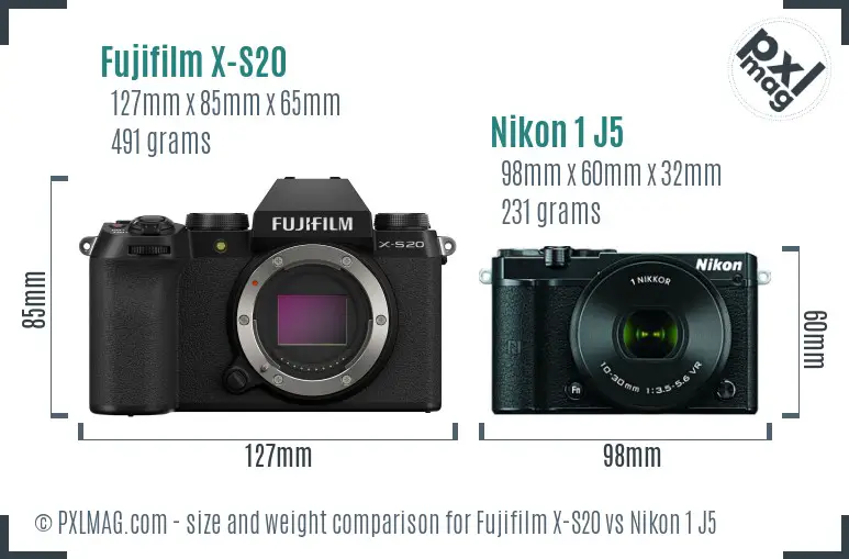 Fujifilm X-S20 vs Nikon 1 J5 size comparison
