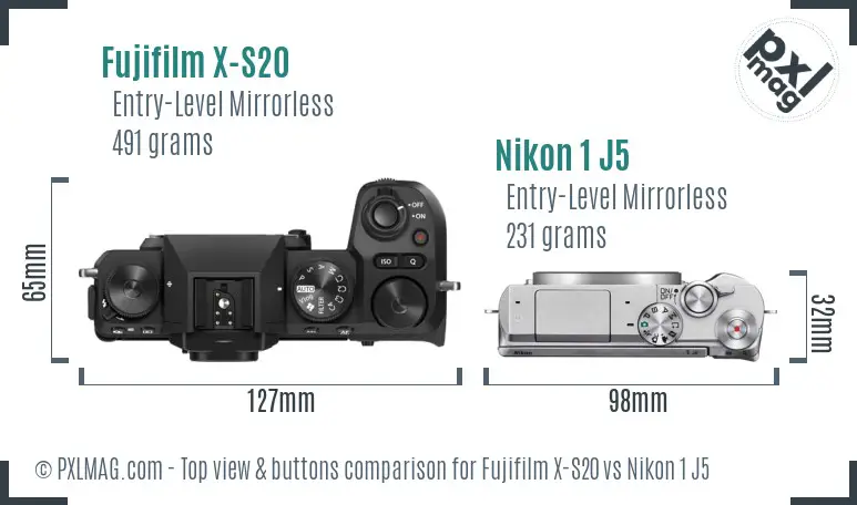 Fujifilm X-S20 vs Nikon 1 J5 top view buttons comparison