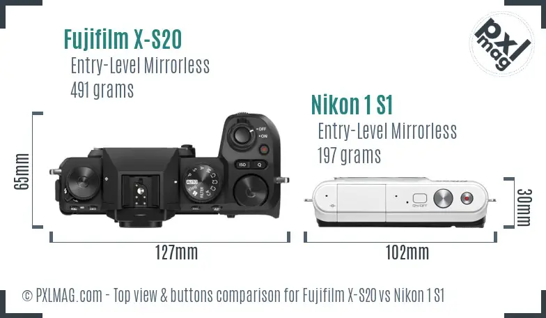 Fujifilm X-S20 vs Nikon 1 S1 top view buttons comparison