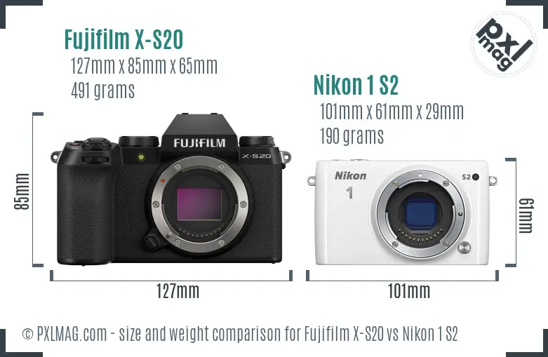 Fujifilm X-S20 vs Nikon 1 S2 size comparison