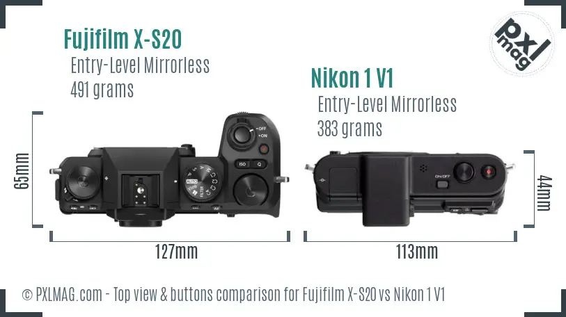 Fujifilm X-S20 vs Nikon 1 V1 top view buttons comparison