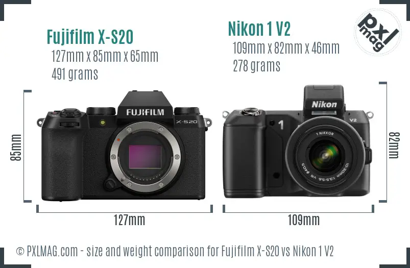Fujifilm X-S20 vs Nikon 1 V2 size comparison