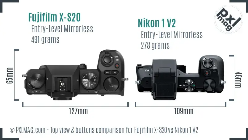 Fujifilm X-S20 vs Nikon 1 V2 top view buttons comparison
