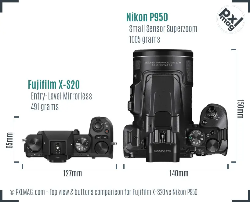 Fujifilm X-S20 vs Nikon P950 top view buttons comparison Fujifilm X-S20 vs Nikon P950 top view buttons comparison