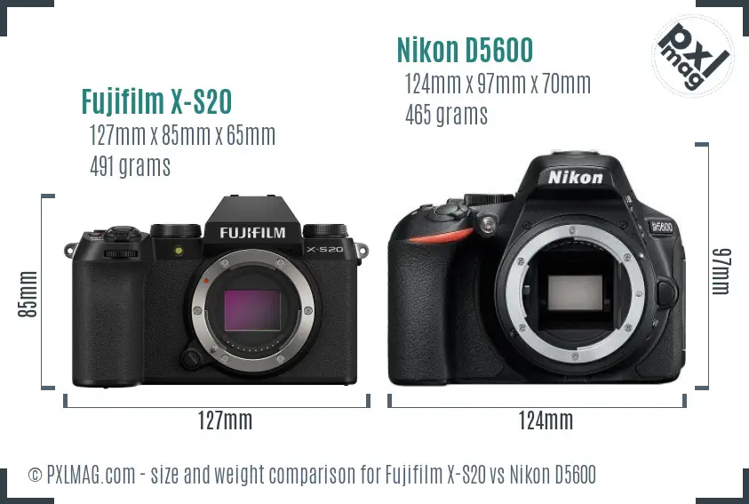 Fujifilm X-S20 vs Nikon D5600 size comparison Fujifilm X-S20 vs Nikon D5600 size comparison