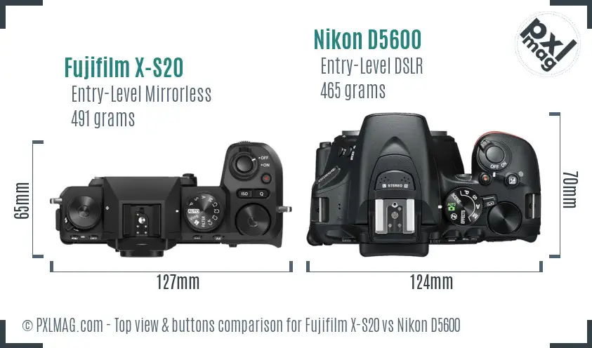 Fujifilm X-S20 vs Nikon D5600 top view buttons comparison Fujifilm X-S20 vs Nikon D5600 top view buttons comparison