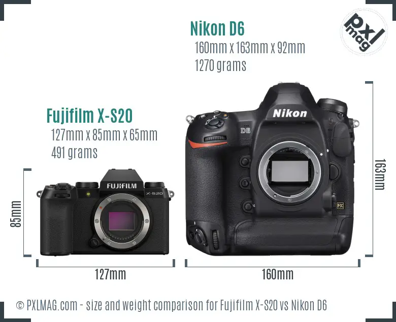 Fujifilm X-S20 vs Nikon D6 size comparison