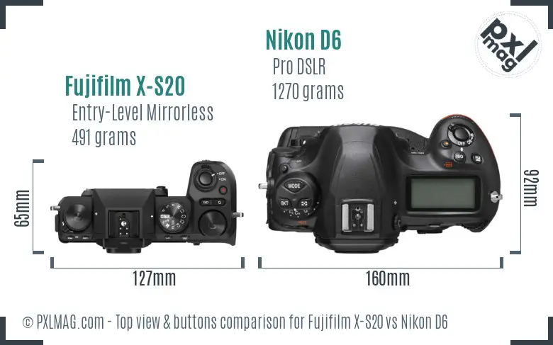 Fujifilm X-S20 vs Nikon D6 top view buttons comparison