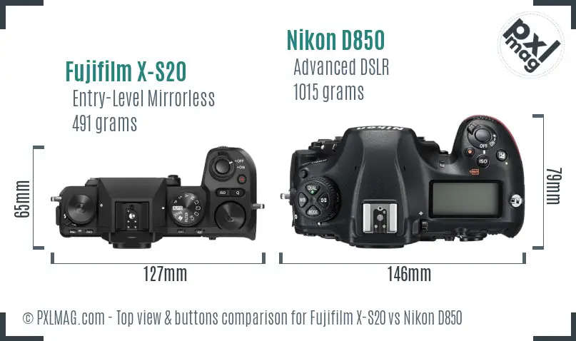 Fujifilm X-S20 vs Nikon D850 top view buttons comparison Fujifilm X-S20 vs Nikon D850 top view buttons comparison