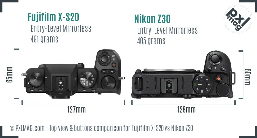 Fujifilm X-S20 vs Nikon Z30 top view buttons comparison