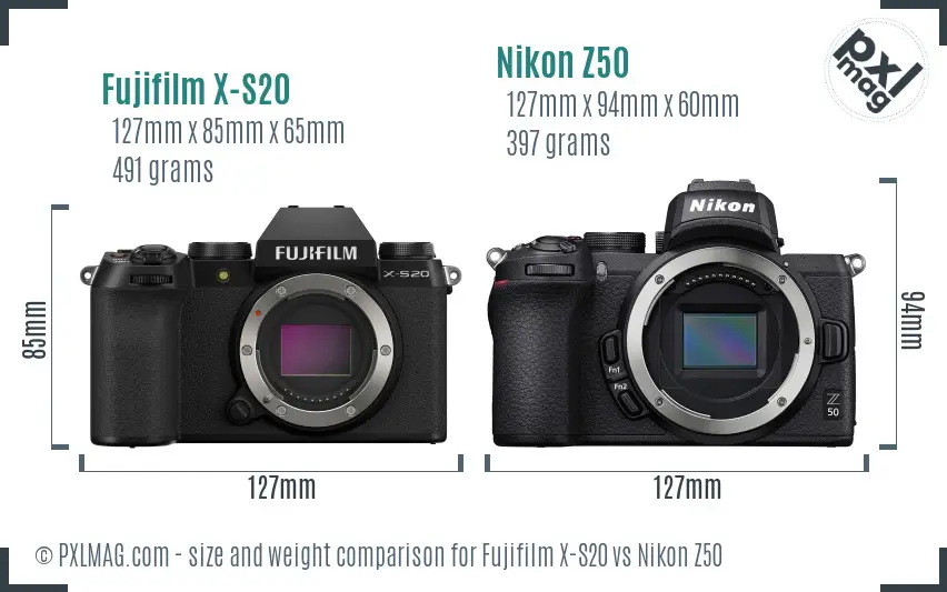 Fujifilm X-S20 vs Nikon Z50 size comparison