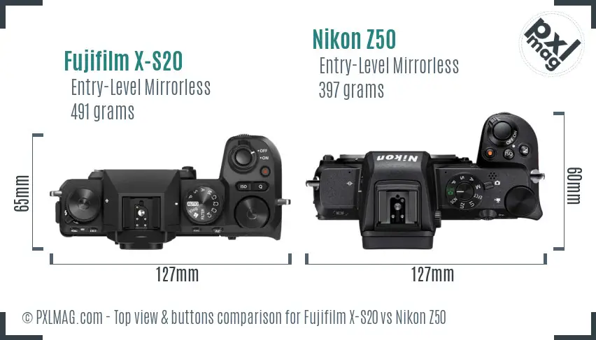 Fujifilm X-S20 vs Nikon Z50 top view buttons comparison