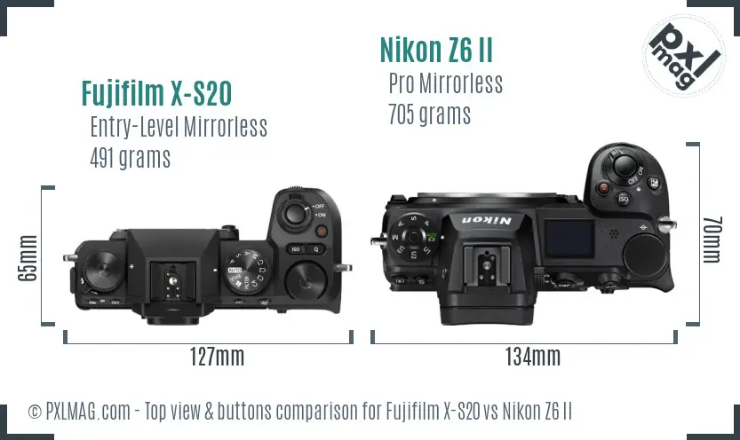 Fujifilm X-S20 vs Nikon Z6 II top view buttons comparison