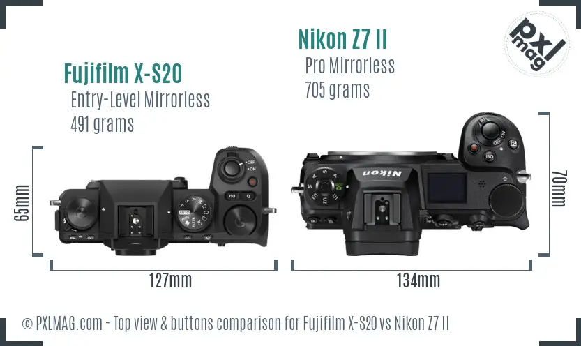 Fujifilm X-S20 vs Nikon Z7 II top view buttons comparison