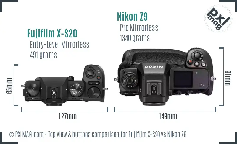 Fujifilm X-S20 vs Nikon Z9 top view buttons comparison