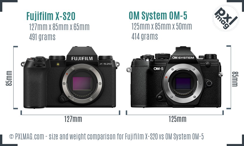 Fujifilm X-S20 vs OM System OM-5 size comparison