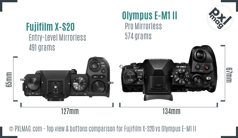 Fujifilm X-S20 vs Olympus E-M1 II top view buttons comparison