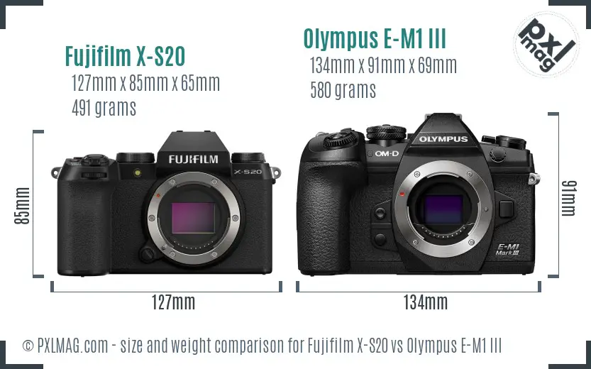 Fujifilm X-S20 vs Olympus E-M1 III size comparison