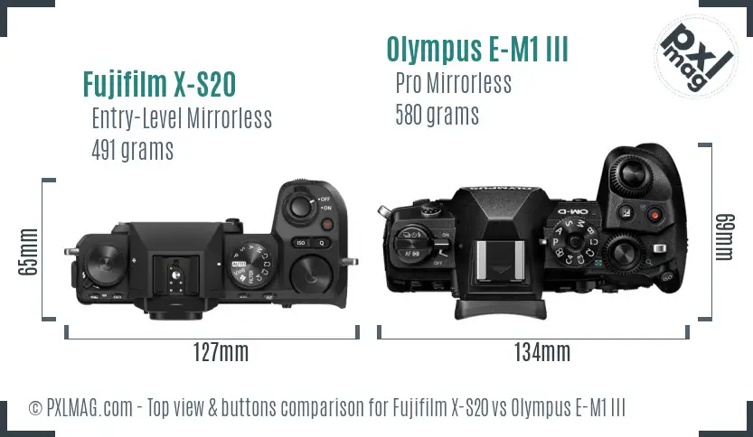 Fujifilm X-S20 vs Olympus E-M1 III top view buttons comparison