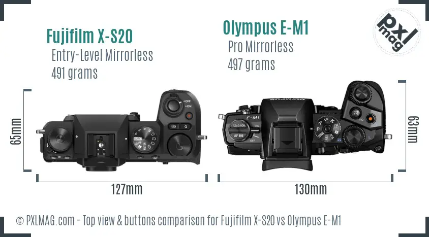 Fujifilm X-S20 vs Olympus E-M1 top view buttons comparison Fujifilm X-S20 vs Olympus E-M1 top view buttons comparison